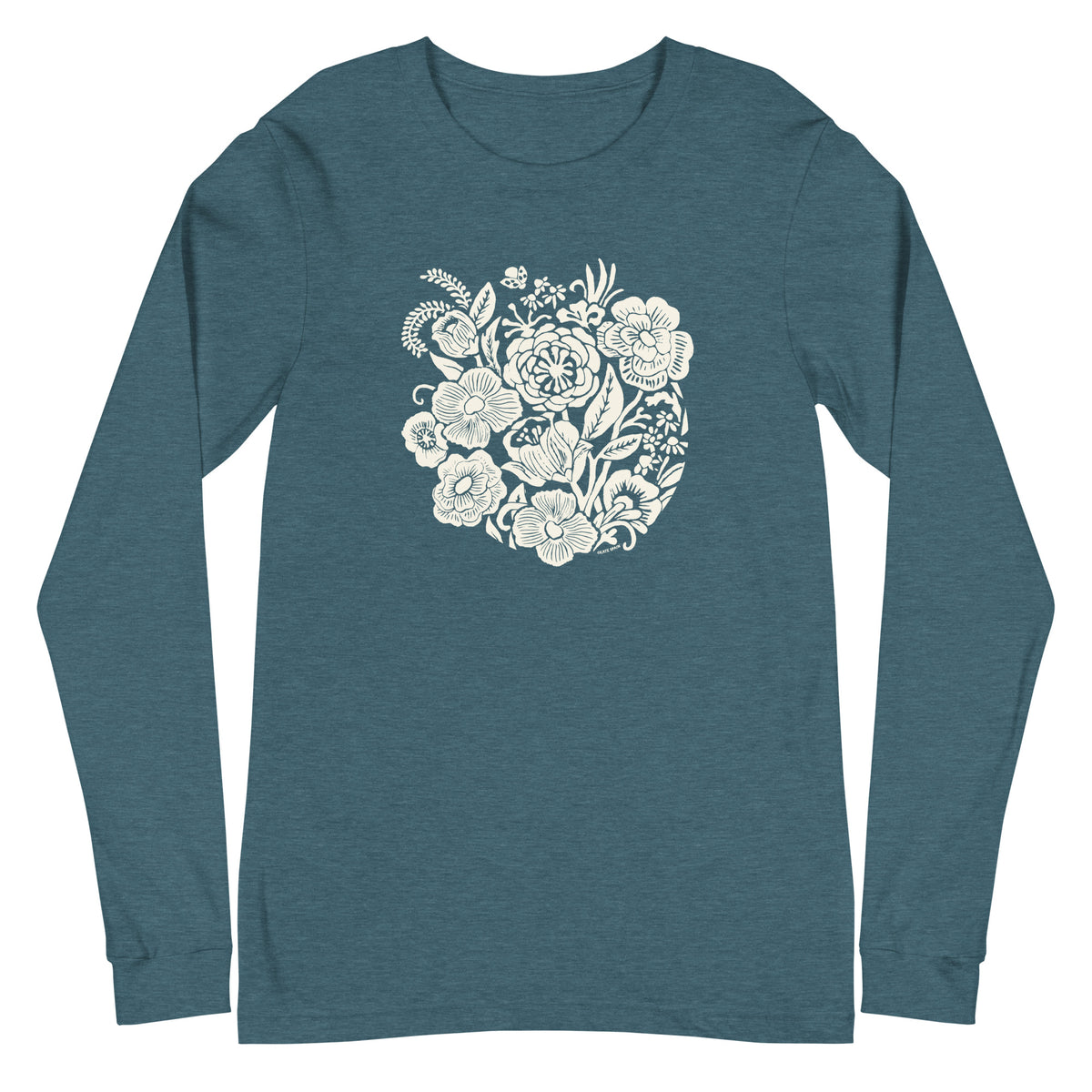 Meadowsweet woodblock-style bouquet of wildflowers on a long sleeve t-shirt in heather deep teal, front view – Kate Spain design