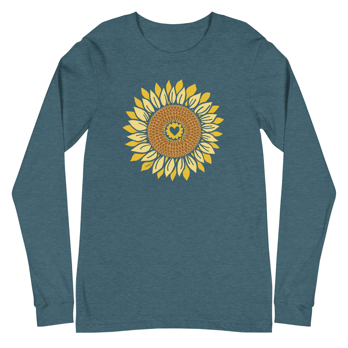 Golden sunflower with a heart center on a long sleeve t-shirt in heather deep teal, front view – Sunflowers in My Heart by Kate Spain
