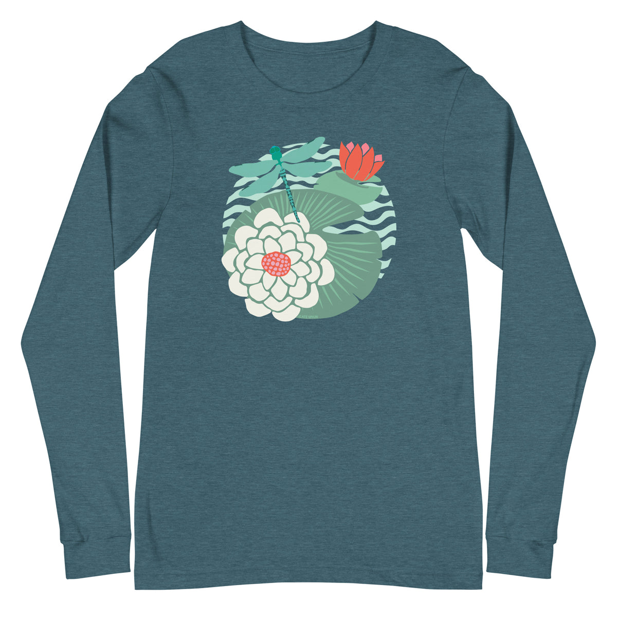 Dragonfly over water lilies and lily pads on a long sleeve t-shirt in heather deep teal, front view – Kate Spain design