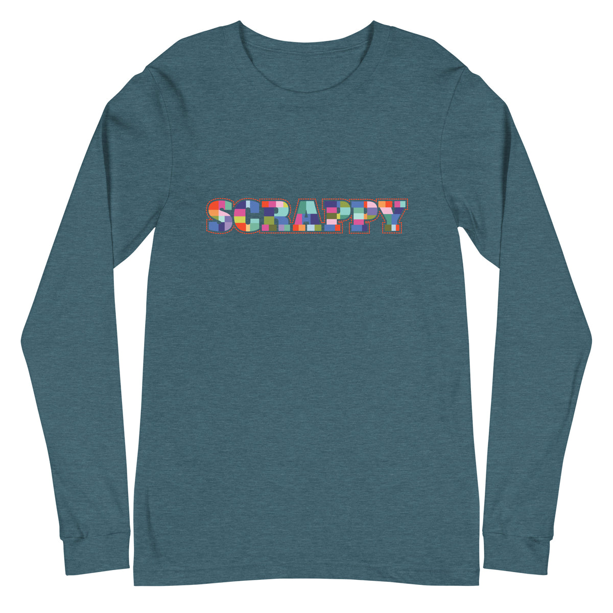 SCRAPPY in multicolor patchwork-square letters on a unisex long-sleeve tee in heather deep teal, front view – Kate Spain design