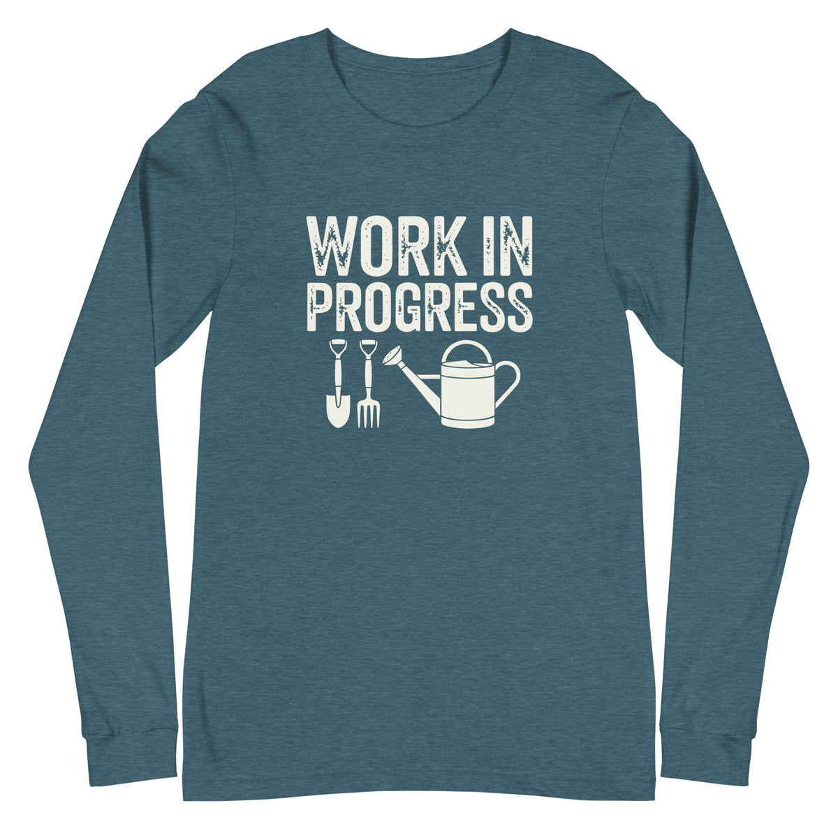 Garden Work in Progress distressed lettering with a shovel, pitchfork and watering can on a long sleeve t-shirt in heather deep teal, front view – Kate Spain design