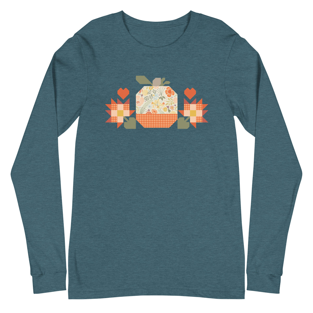 Falling for Fall patchwork pumpkin with quilt-block stars and hearts on a long sleeve t-shirt in heather deep teal, front view – Kate Spain design for Pat Sloan