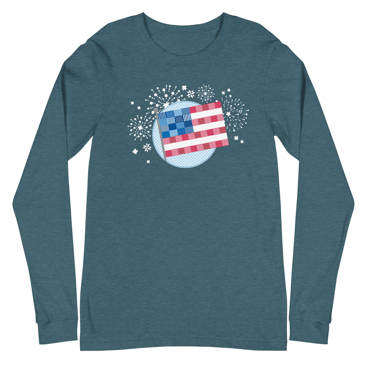 patchwork American flag in quilt fabrics on a long sleeve t-shirt in heather deep teal, front view – Kate Spain design for Pat Sloan