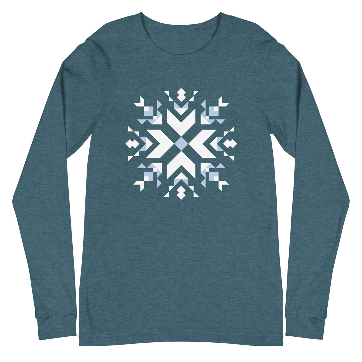 Let It Snow snowflake quilt block on a long sleeve t-shirt in heather deep teal, front view – Kate Spain design for Pat Sloan