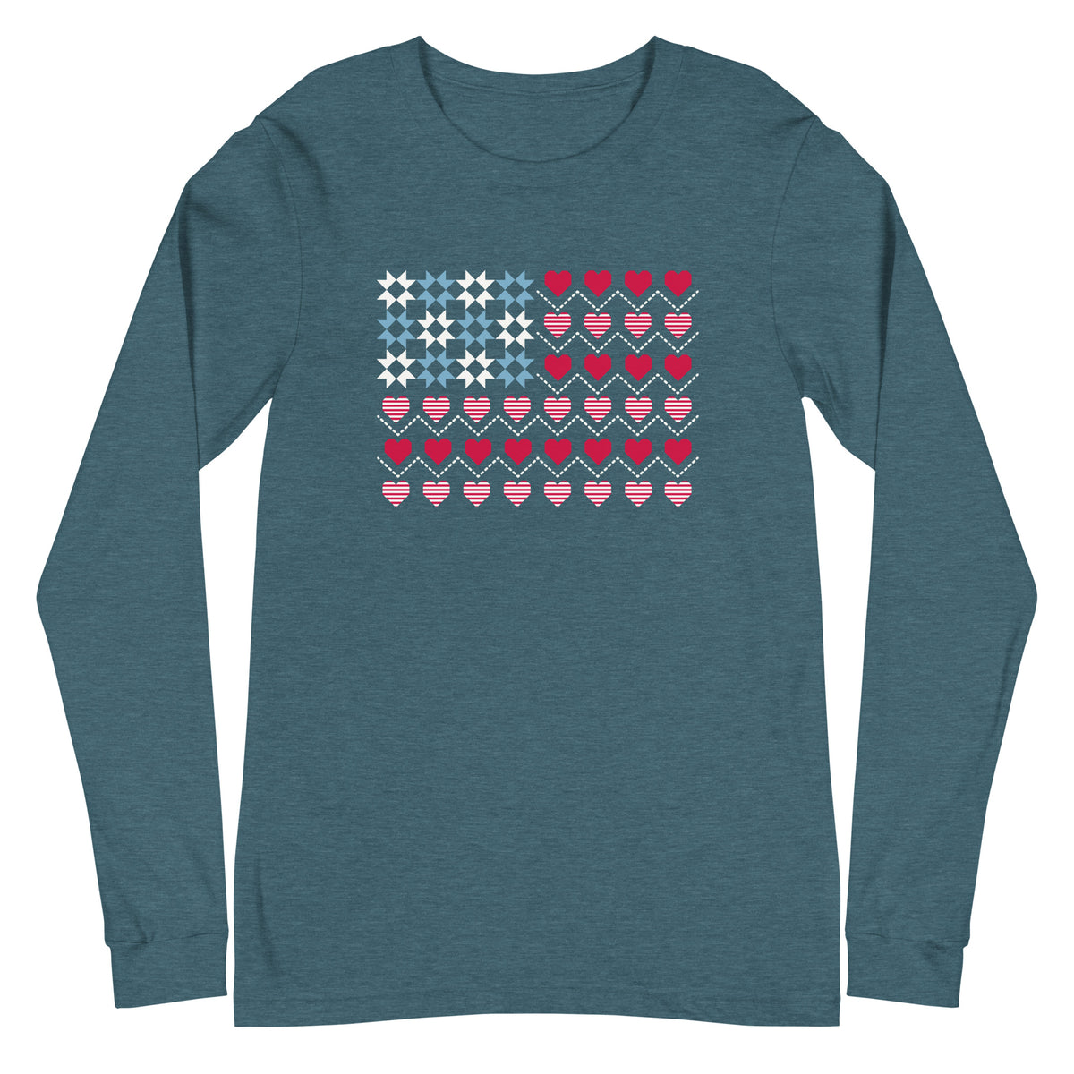 United We Quilt patchwork flag with quilt-block stars and heart stripes on a long sleeve t-shirt in heather deep teal, front view – Kate Spain design for Pat Sloan