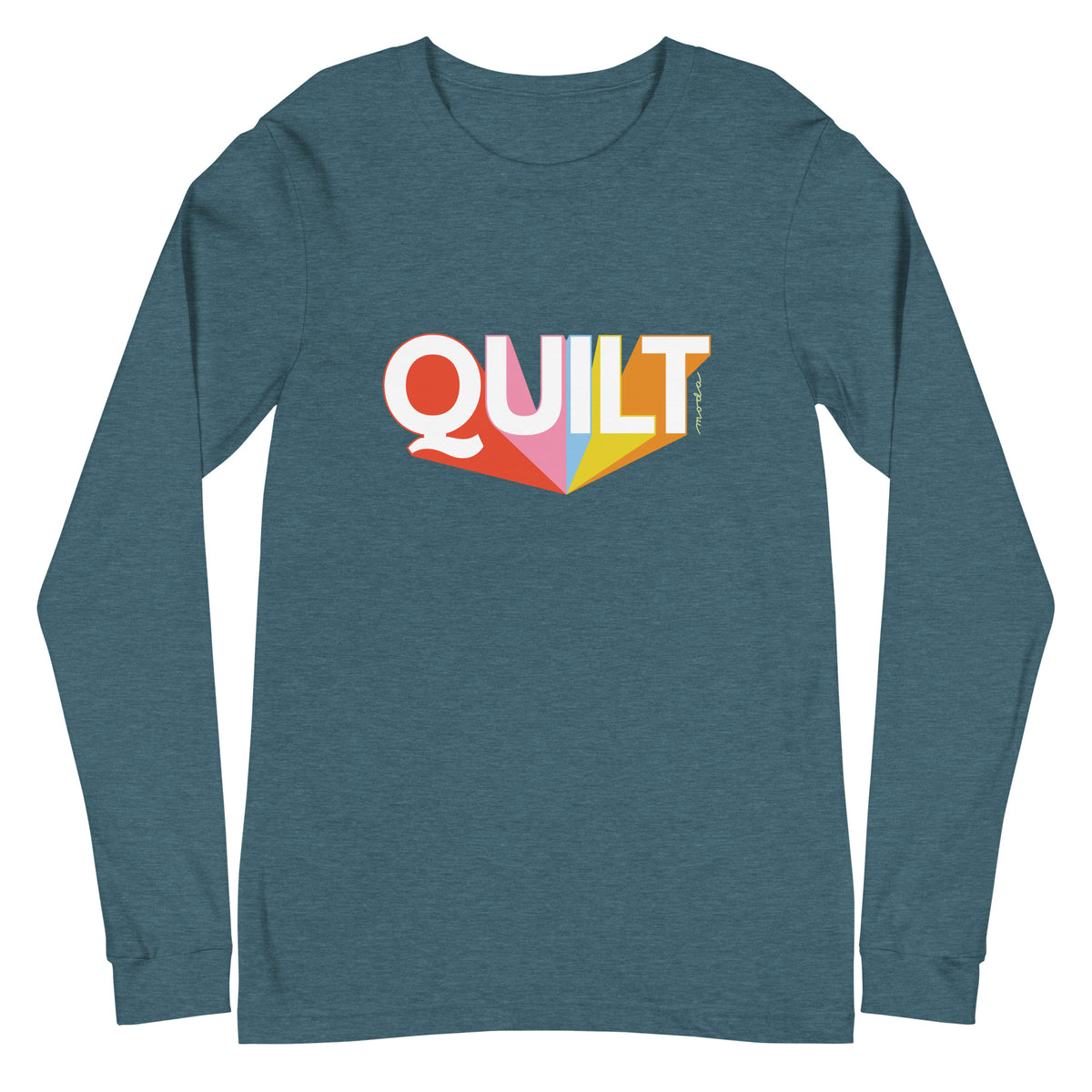 Moda QUILT logo in white letters with orange, pink, blue and yellow rays on a unisex long-sleeve tee in heather deep teal, front view – Kate Spain design