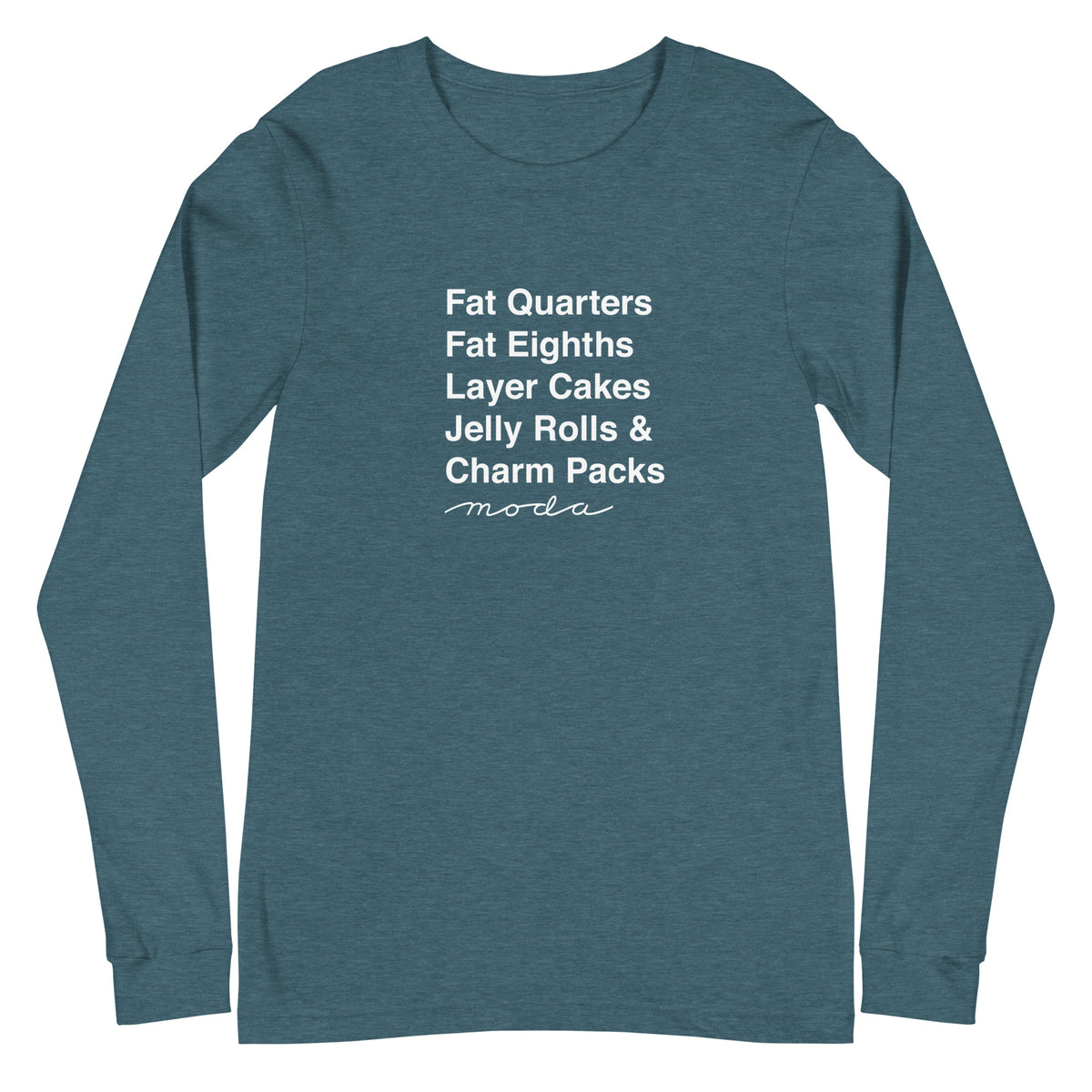Moda precuts list in white (Fat Quarters to Charm Packs) on a unisex long-sleeve tee in heather deep teal, front view – Kate Spain design