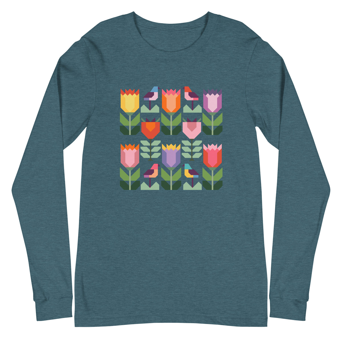 Birds + Blooms patchwork tulips and birds on a long sleeve t-shirt in heather deep teal, front view – Kate Spain design for Pat Sloan
