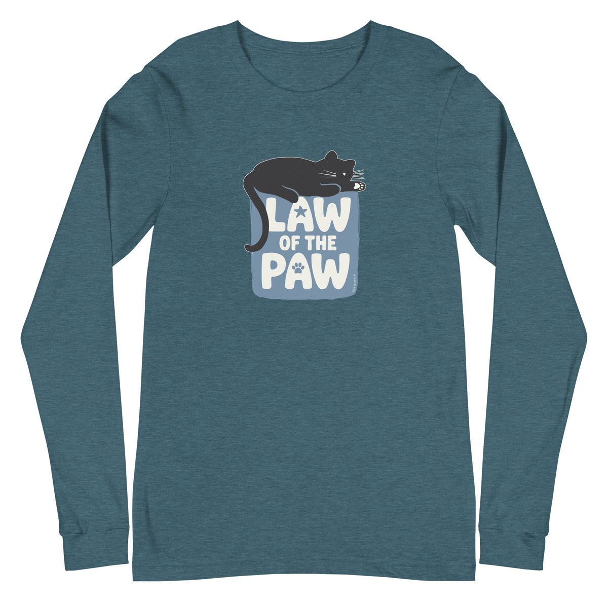 Law of the Paw® design with a cat napping on the logo on a long sleeve t-shirt in heather deep teal, front view – Kate Spain design