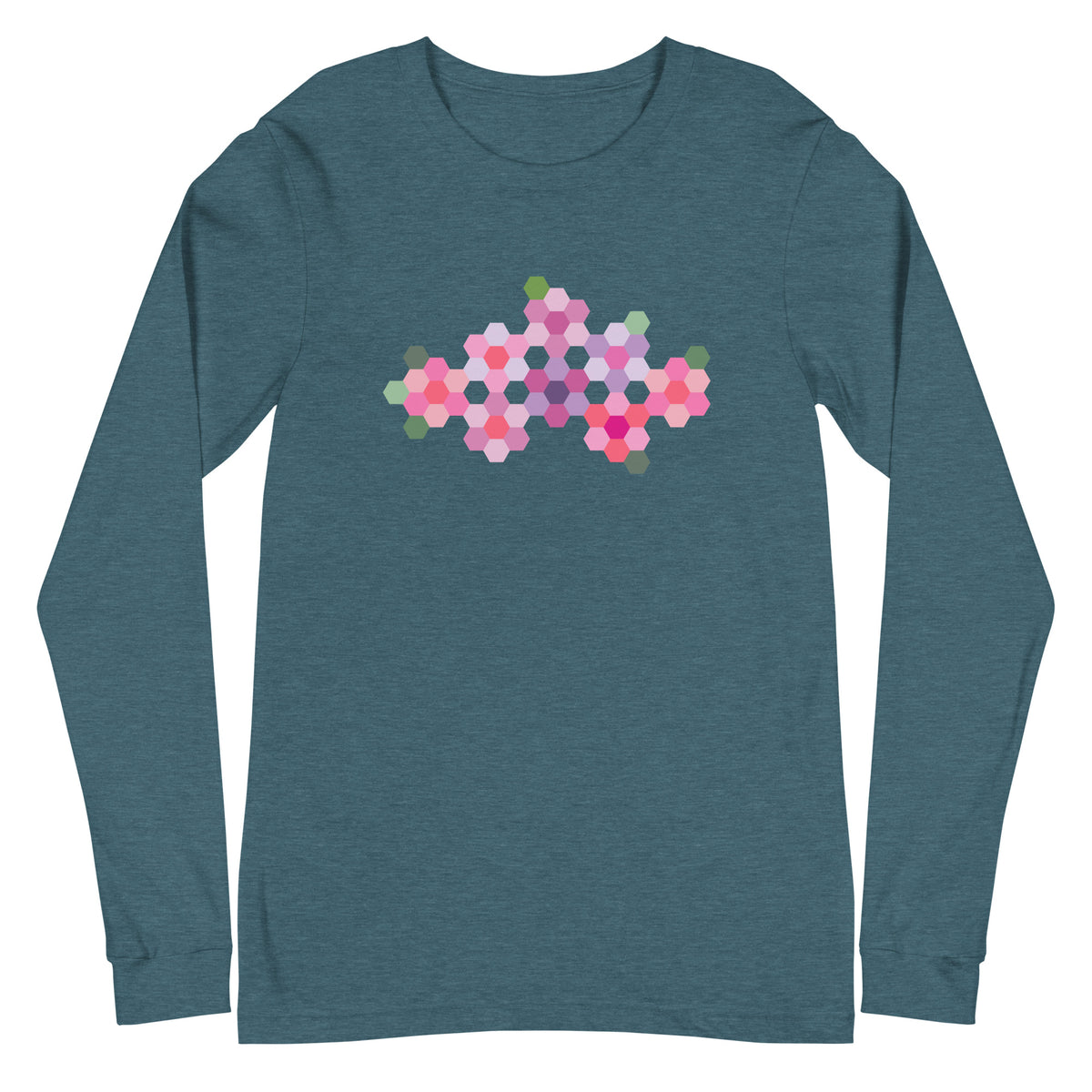 Pink GeoFlora hexagon flower cluster in pinks, lavenders and sage greens on a unisex long-sleeve tee in heather deep teal, front view – Kate Spain design for Pat Sloan