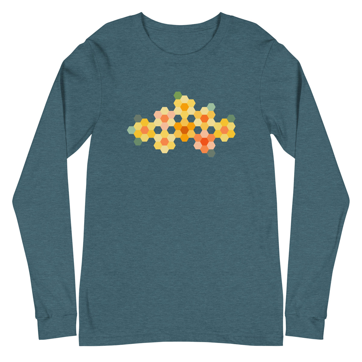 Yellow GeoFlora hexagon flower cluster in yellows, peach and greens on a unisex long-sleeve tee in heather deep teal, front view – Kate Spain design for Pat Sloan