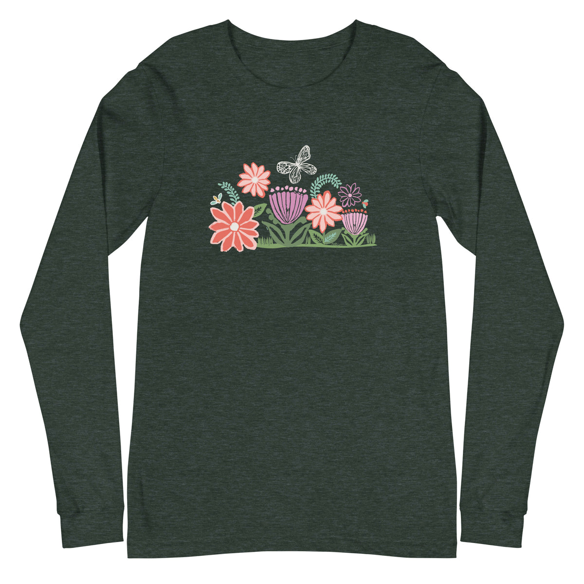 Bloom woodblock-style flowers with a butterfly, ladybug and bee on a long sleeve t-shirt in heather forest green, front view – Kate Spain design