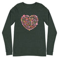 Be You floral heart of inspirational words on a unisex long-sleeve tee in heather forest green, front view – Kate Spain design