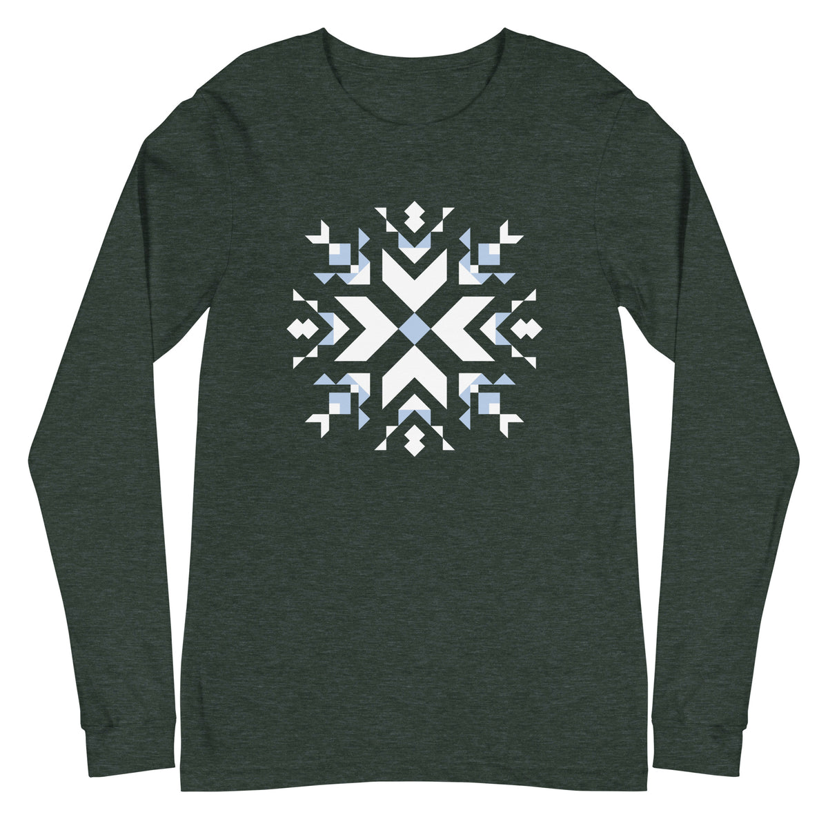 Let It Snow snowflake quilt block on a long sleeve t-shirt in heather forest green, front view – Kate Spain design for Pat Sloan