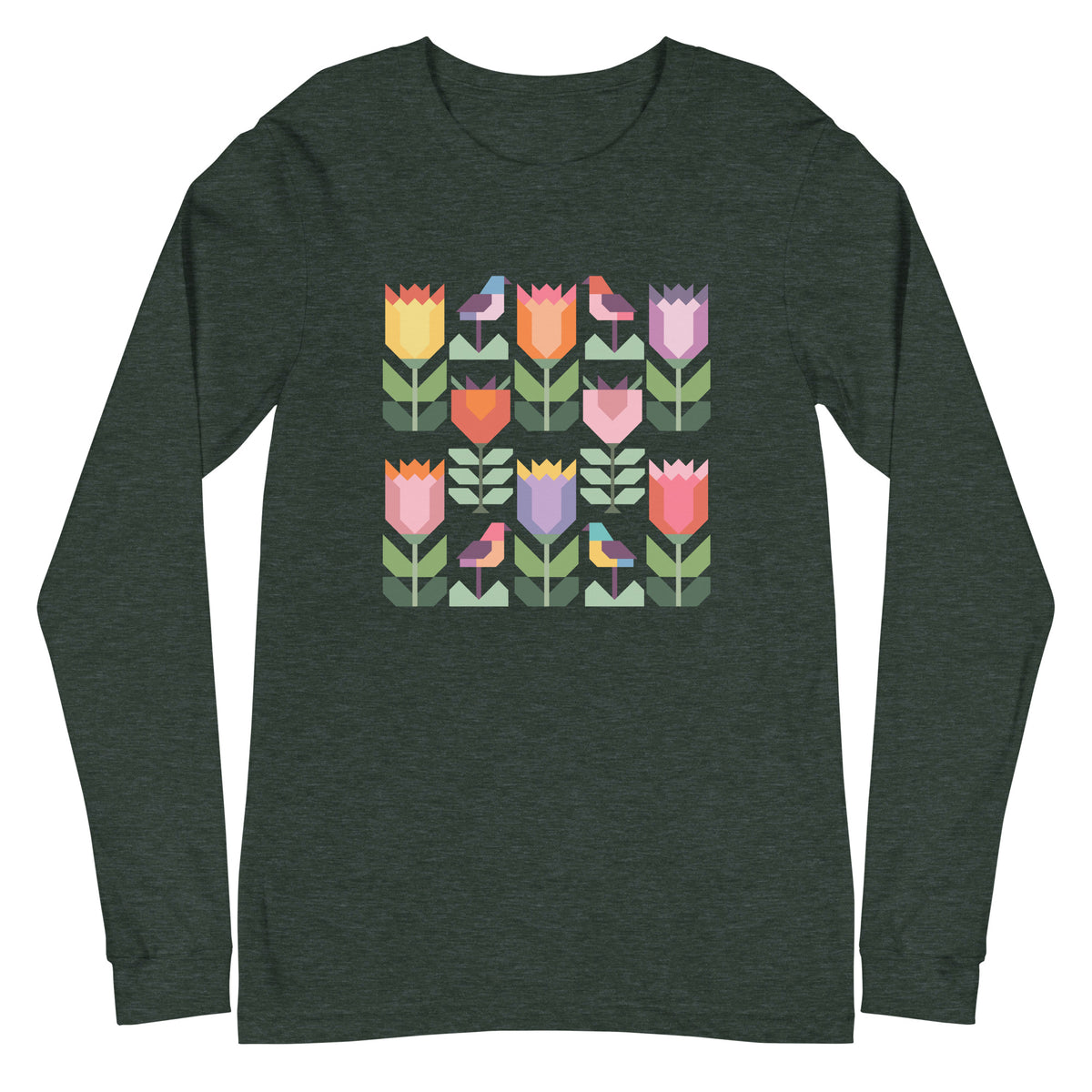 Birds + Blooms patchwork tulips and birds on a long sleeve t-shirt in heather forest green, front view – Kate Spain design for Pat Sloan