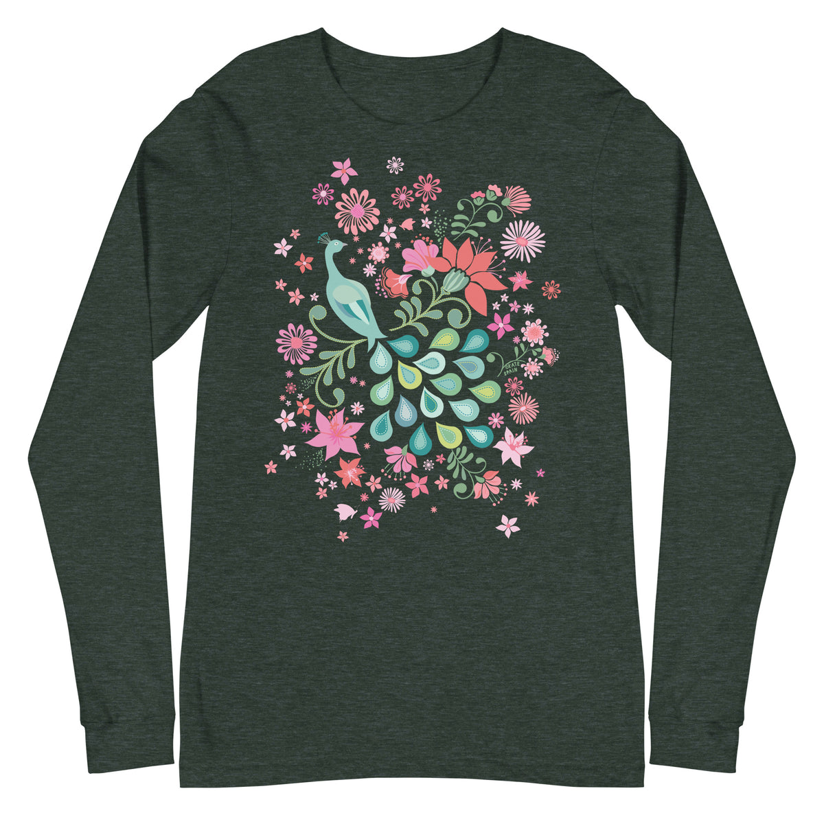 Folk-art peacock among coral, pink and sage-green blooms on a unisex long-sleeve tee in heather forest green, front view – Kate Spain design