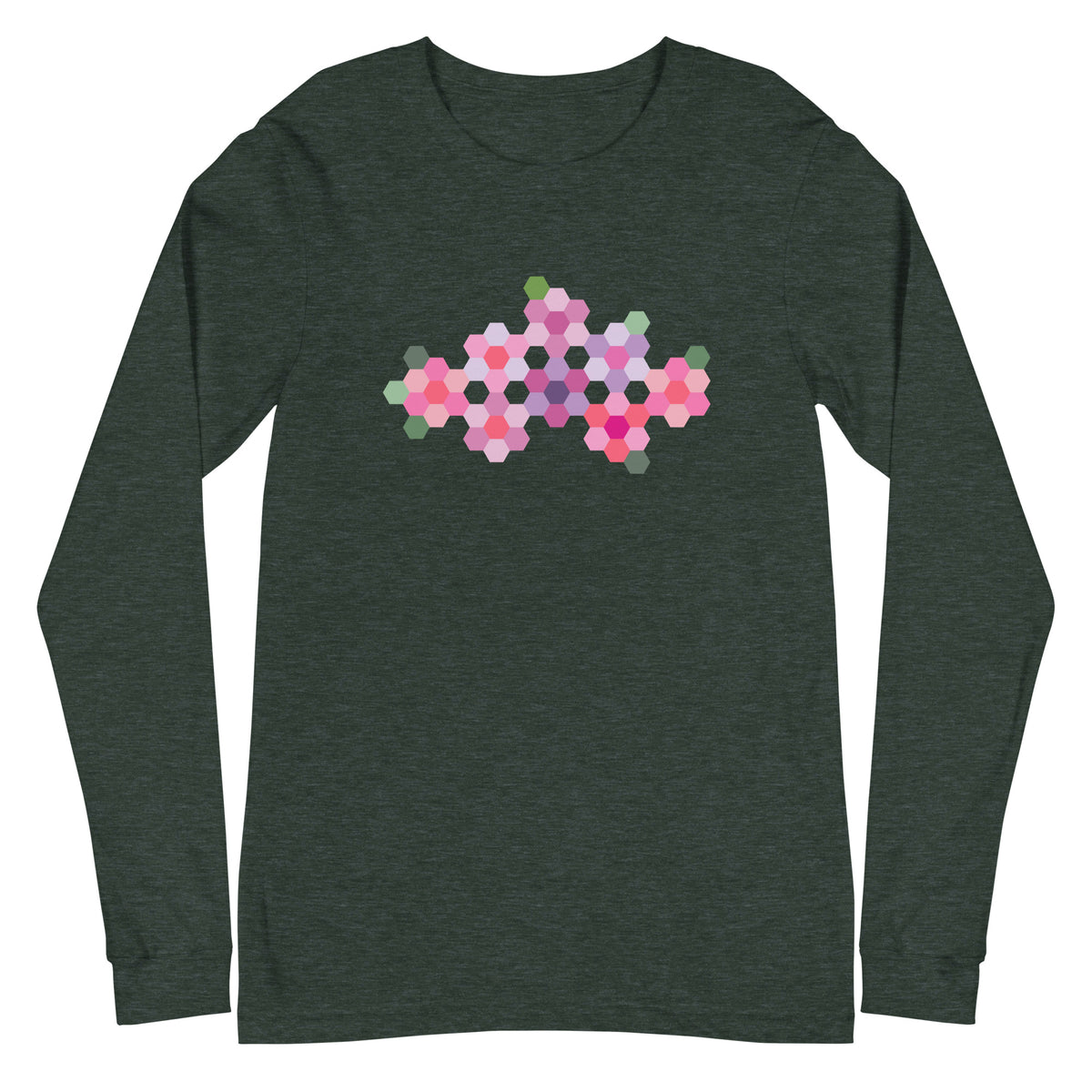 Pink GeoFlora hexagon flower cluster in pinks, lavenders and sage greens on a unisex long-sleeve tee in heather forest green, front view – Kate Spain design for Pat Sloan