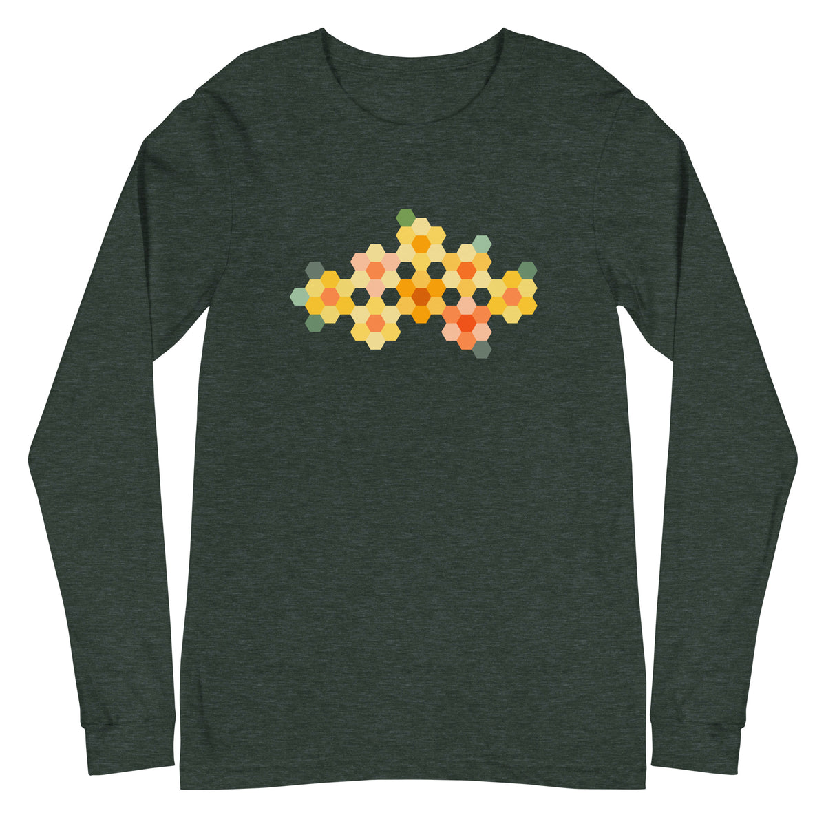Yellow GeoFlora hexagon flower cluster in yellows, peach and greens on a unisex long-sleeve tee in heather forest green, front view – Kate Spain design for Pat Sloan