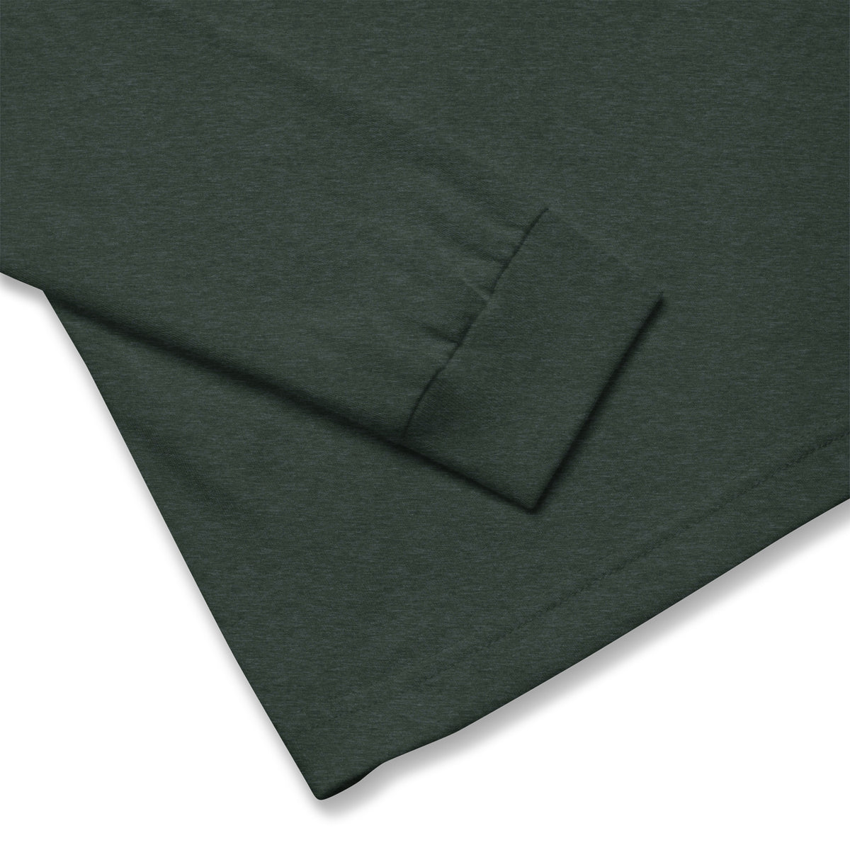 Let It Snow snowflake quilt block on a long sleeve t-shirt in heather forest green, close-up of the sleeve cuff – Kate Spain design for Pat Sloan