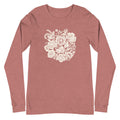 Meadowsweet woodblock-style bouquet of wildflowers on a long sleeve t-shirt in heather mauve, front view – Kate Spain design