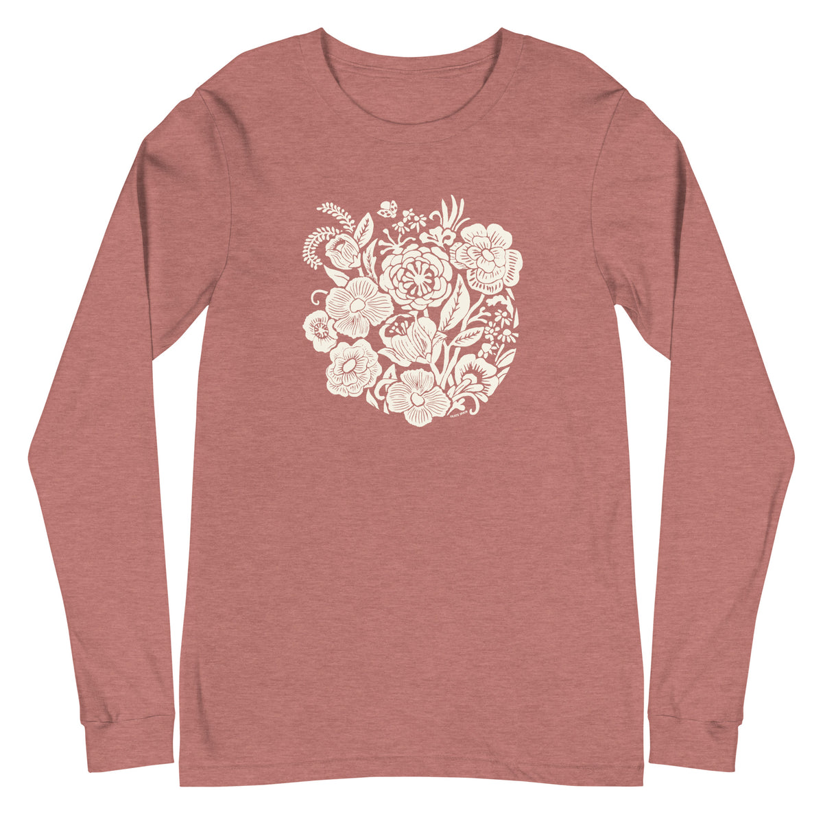 Meadowsweet woodblock-style bouquet of wildflowers on a long sleeve t-shirt in heather mauve, front view – Kate Spain design