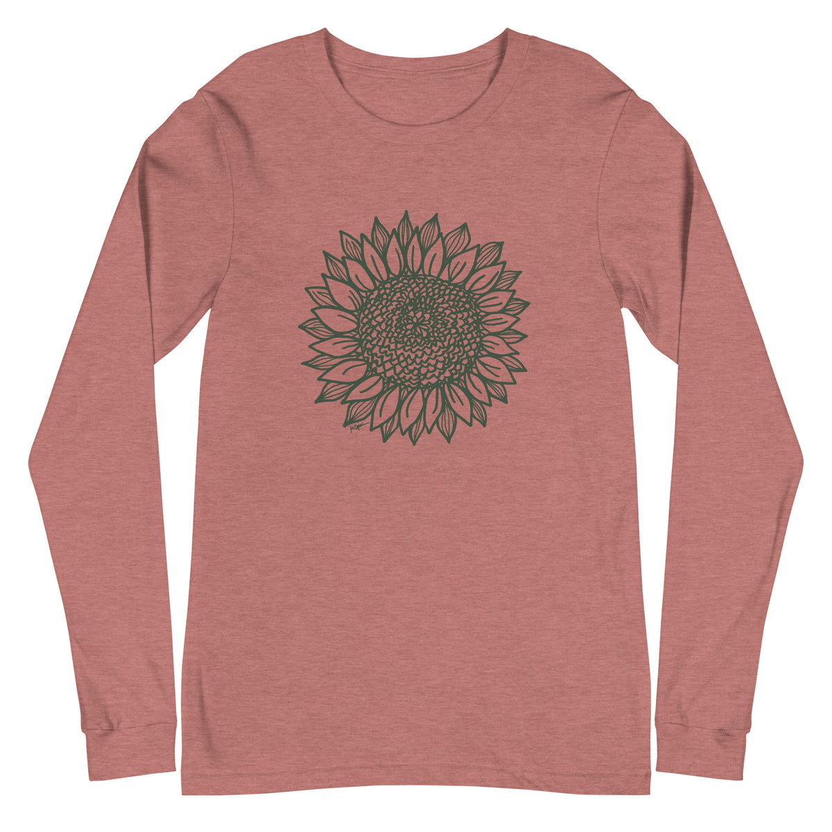 Green botanical line-art sunflower drawn from life on a long sleeve t-shirt in heather mauve, front view – Sunflower by Kate Spain