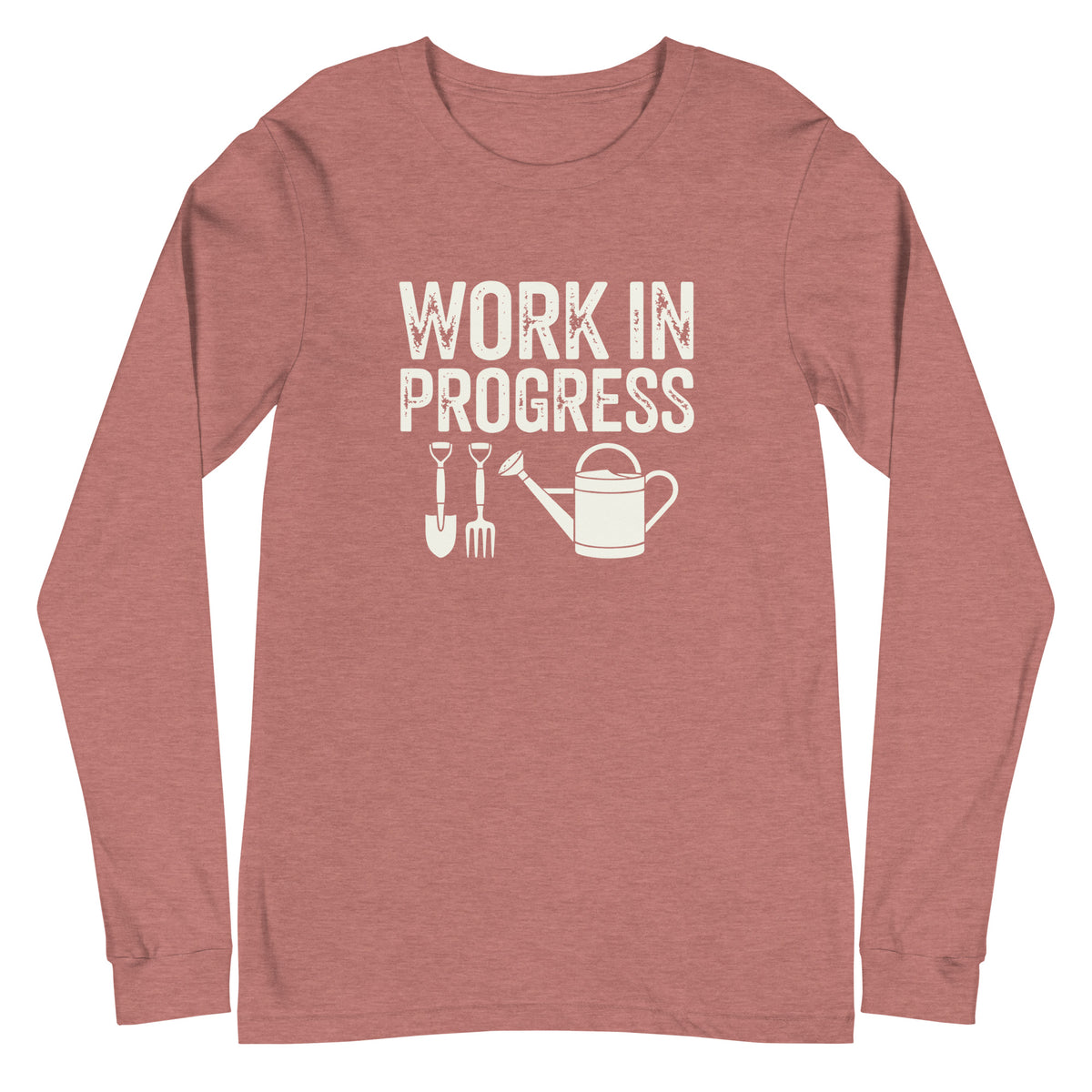 Garden Work in Progress distressed lettering with a shovel, pitchfork and watering can on a long sleeve t-shirt in heather mauve, front view – Kate Spain design