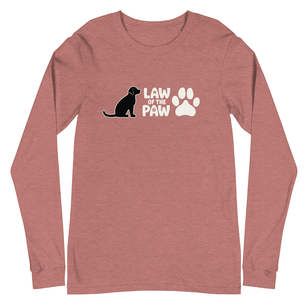 Law of the Paw® logo with seated dog and paw print on a long sleeve t-shirt in heather mauve, front view – Kate Spain design