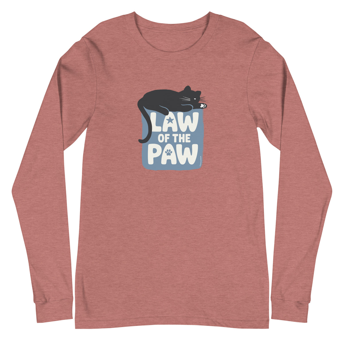 Law of the Paw® design with a cat napping on the logo on a long sleeve t-shirt in heather mauve, front view – Kate Spain design