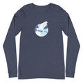 Great egret in flight against a blue circle on a long sleeve t-shirt in heather navy, front view – Kate Spain design