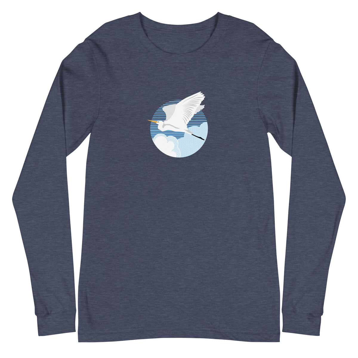 Great egret in flight against a blue circle on a long sleeve t-shirt in heather navy, front view – Kate Spain design