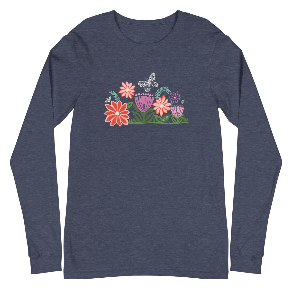Bloom woodblock-style flowers with a butterfly, ladybug and bee on a long sleeve t-shirt in heather navy, front view – Kate Spain design