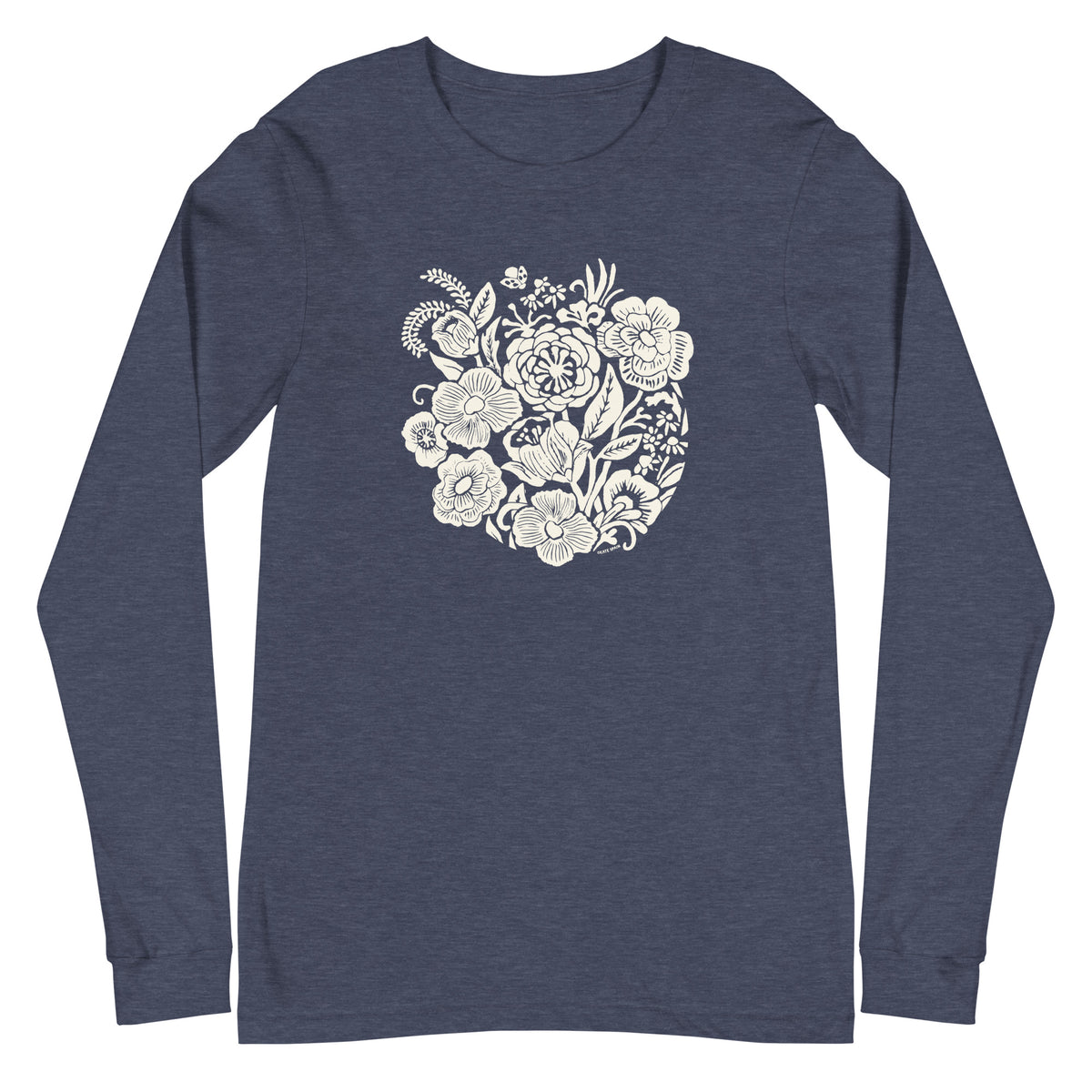 Meadowsweet woodblock-style bouquet of wildflowers on a long sleeve t-shirt in heather navy, front view – Kate Spain design