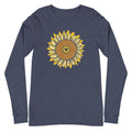 Golden sunflower with a heart center on a long sleeve t-shirt in heather navy, front view – Sunflowers in My Heart by Kate Spain