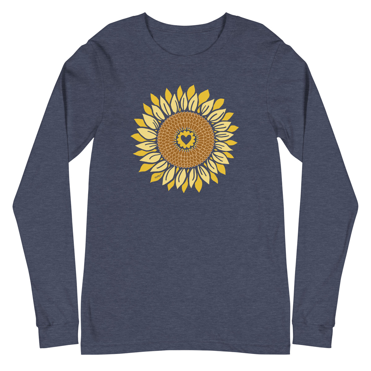 Golden sunflower with a heart center on a long sleeve t-shirt in heather navy, front view – Sunflowers in My Heart by Kate Spain