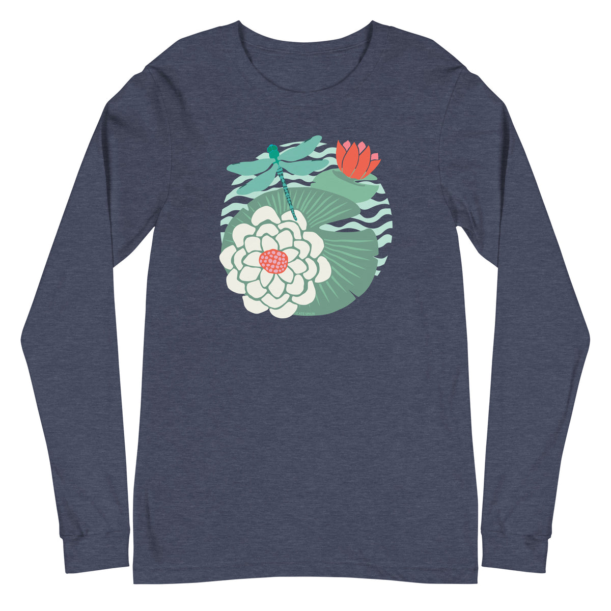 Dragonfly over water lilies and lily pads on a long sleeve t-shirt in heather navy, front view – Kate Spain design