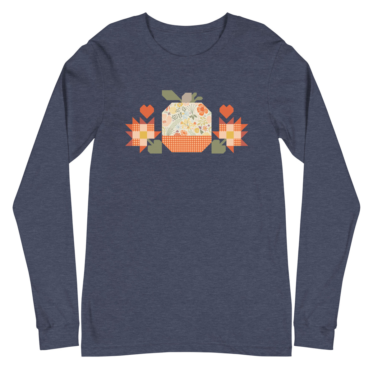 Falling for Fall patchwork pumpkin with quilt-block stars and hearts on a long sleeve t-shirt in heather navy, front view – Kate Spain design for Pat Sloan