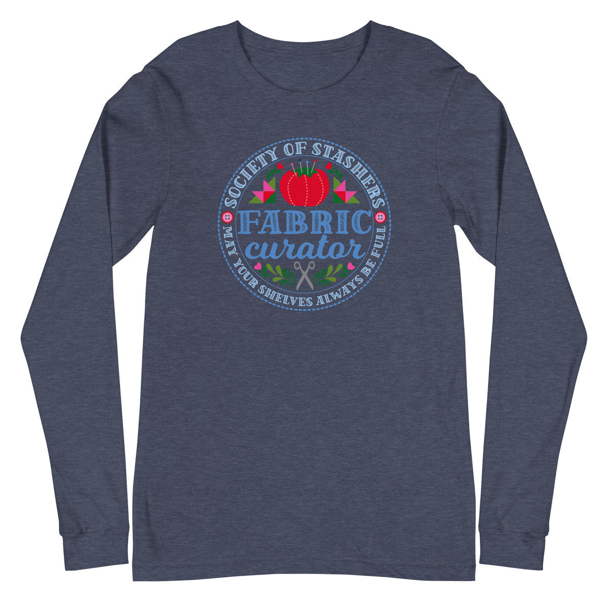 Fabric Curator Society of Stashers badge with a tomato pincushion on a long sleeve t-shirt in heather navy, front view – Kate Spain design for Pat Sloan