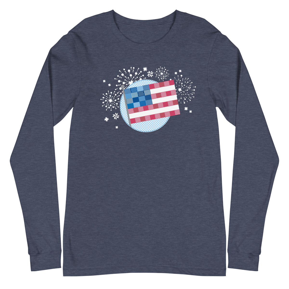 patchwork American flag in quilt fabrics on a long sleeve t-shirt in heather navy, front view – Kate Spain design for Pat Sloan
