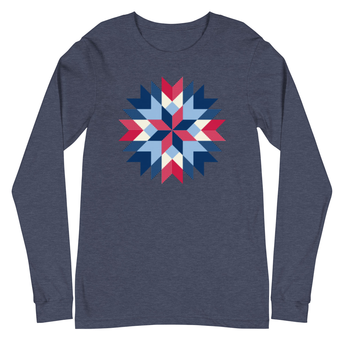 Barn Star quilt block in red, white and blue on a long sleeve t-shirt in heather navy, front view – Kate Spain design for Pat Sloan