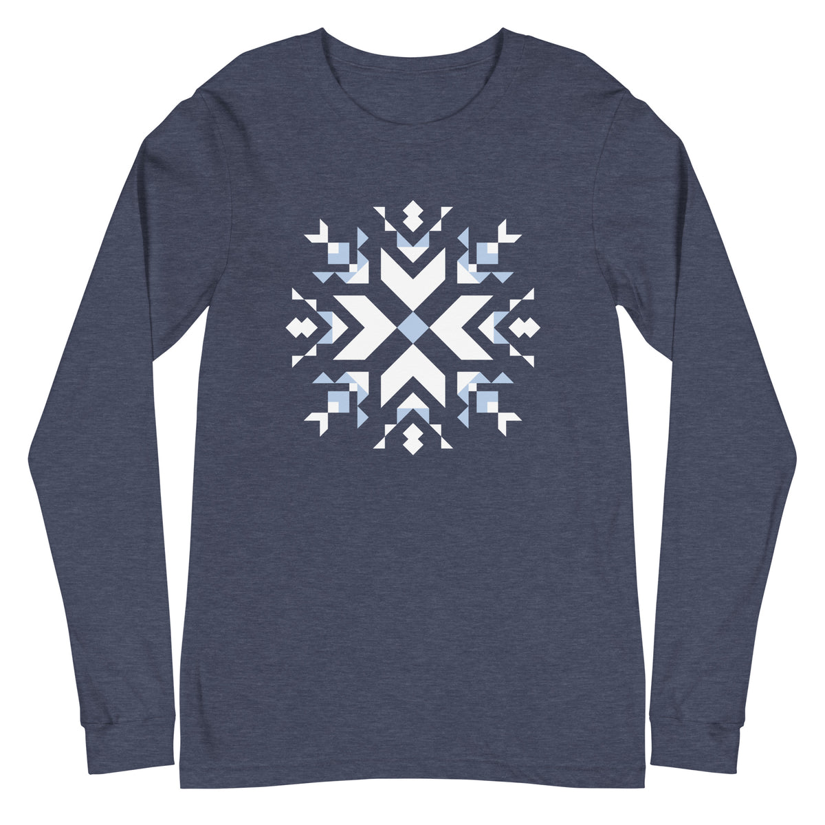 Let It Snow snowflake quilt block on a long sleeve t-shirt in heather navy, front view – Kate Spain design for Pat Sloan