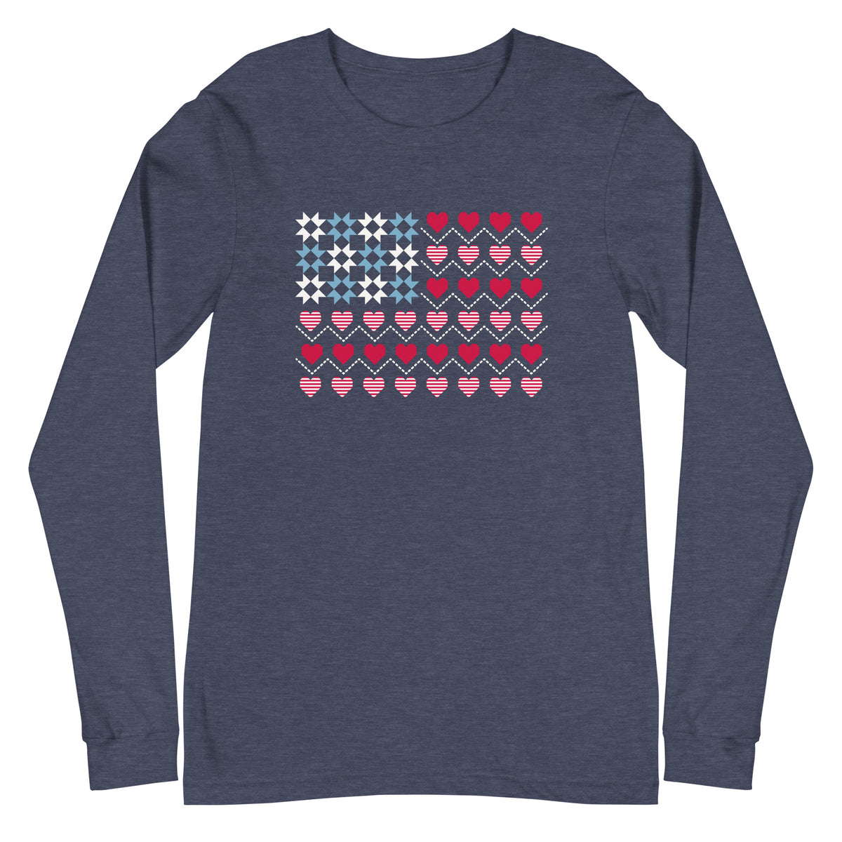 United We Quilt patchwork flag with quilt-block stars and heart stripes on a long sleeve t-shirt in heather navy, front view – Kate Spain design for Pat Sloan