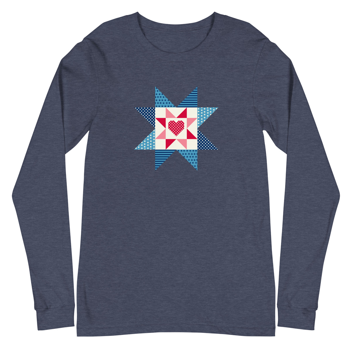 Liberty Love star quilt block with a heart in red, white and blue on a long sleeve t-shirt in heather navy, front view – Kate Spain design for Pat Sloan