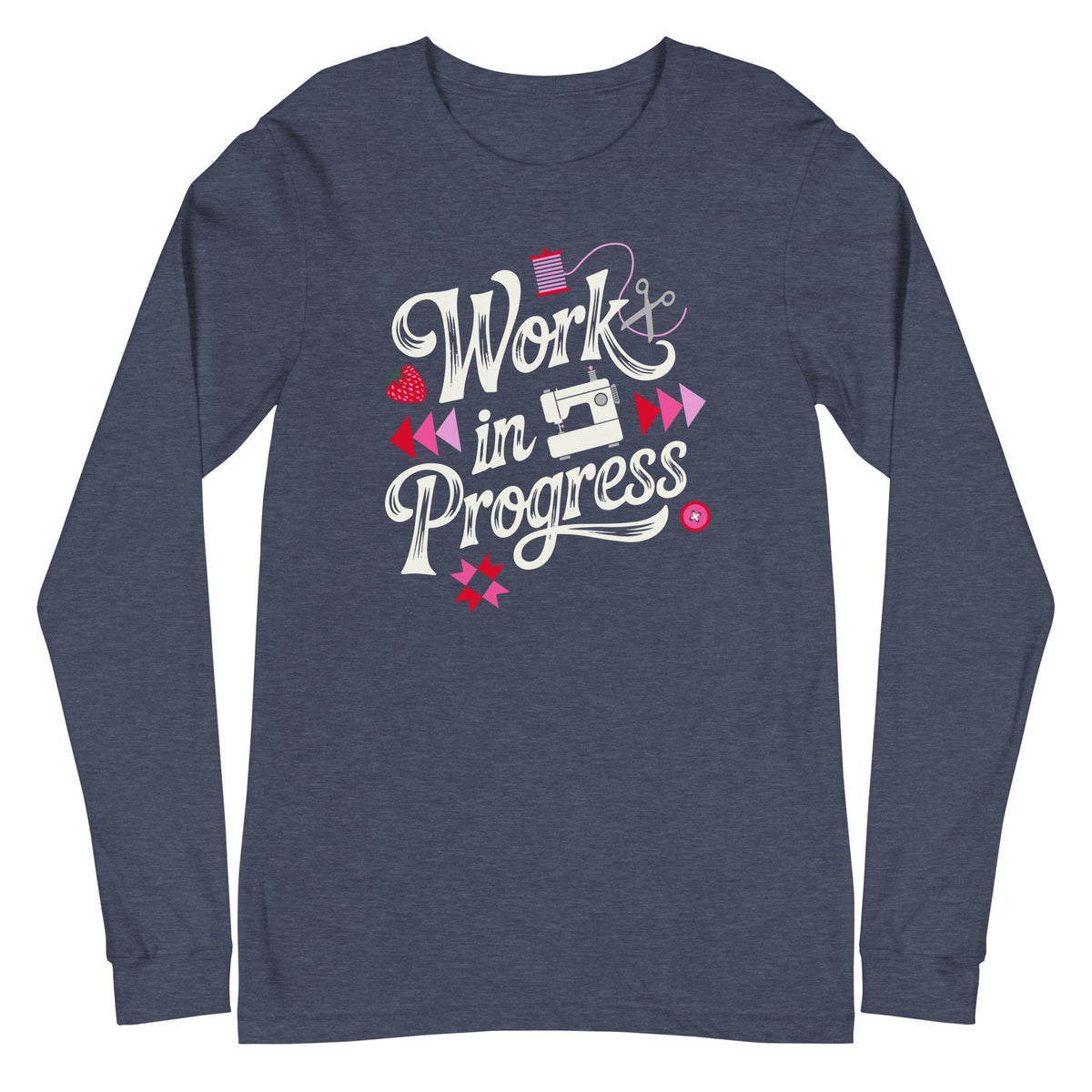 Work in Progress sewing design with flying geese, sewing machine, strawberry and thread spool on a long sleeve t-shirt in heather navy, front view – Kate Spain design for Pat Sloan