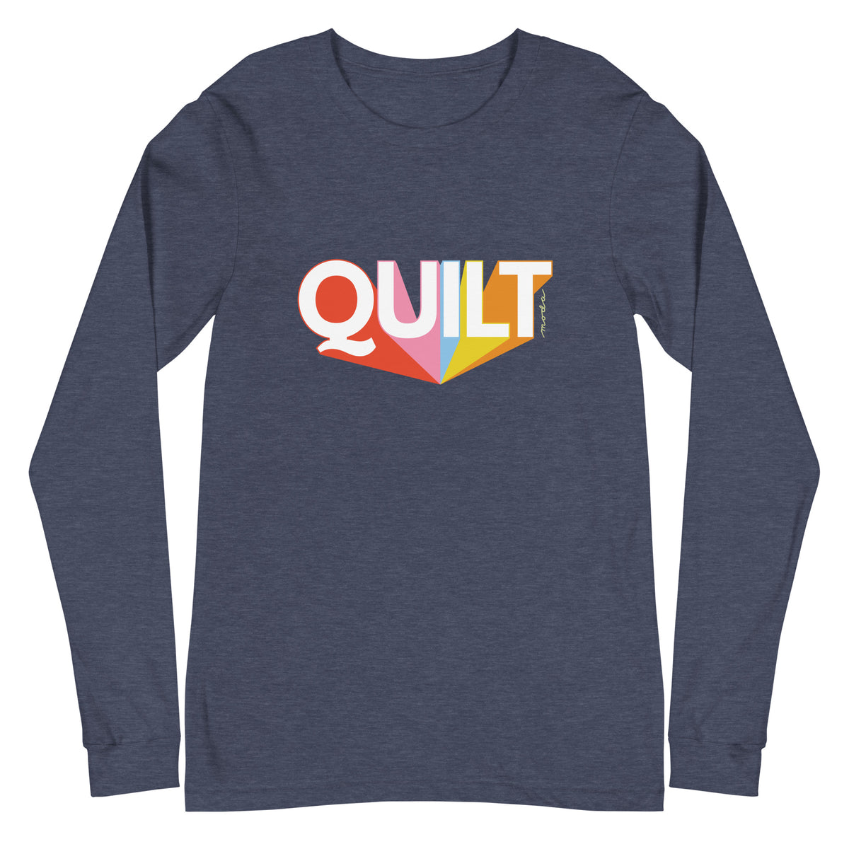 Moda QUILT logo in white letters with orange, pink, blue and yellow rays on a unisex long-sleeve tee in heather navy, front view – Kate Spain design