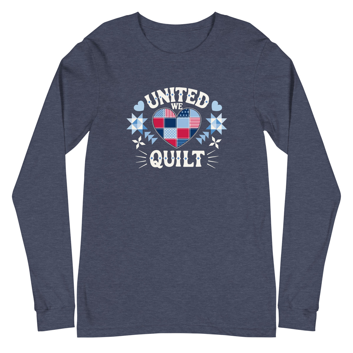 Quilters United quilt badge in red, white and blue on a long sleeve t-shirt in heather navy, front view – Kate Spain design for Pat Sloan