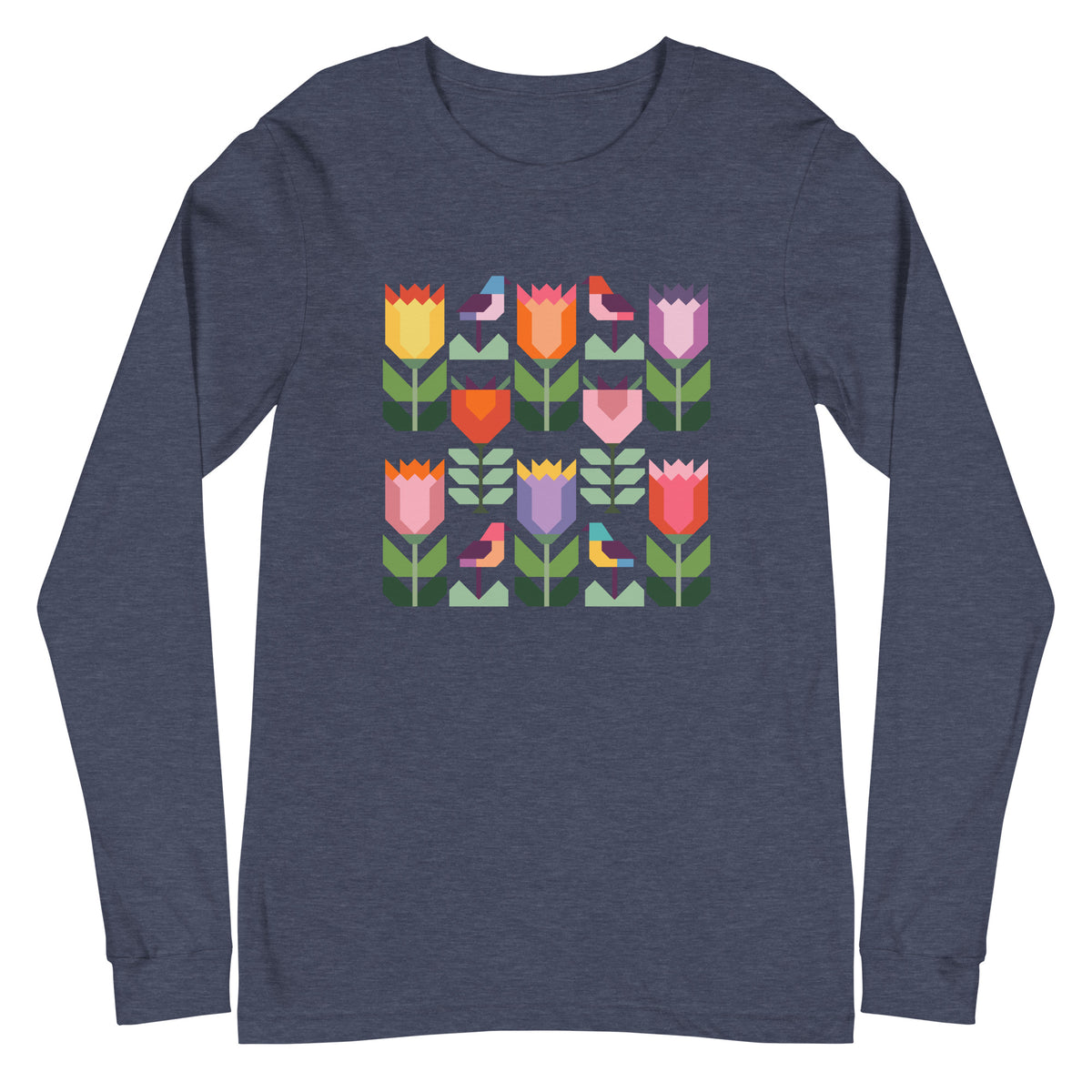 Birds + Blooms patchwork tulips and birds on a long sleeve t-shirt in heather navy, front view – Kate Spain design for Pat Sloan