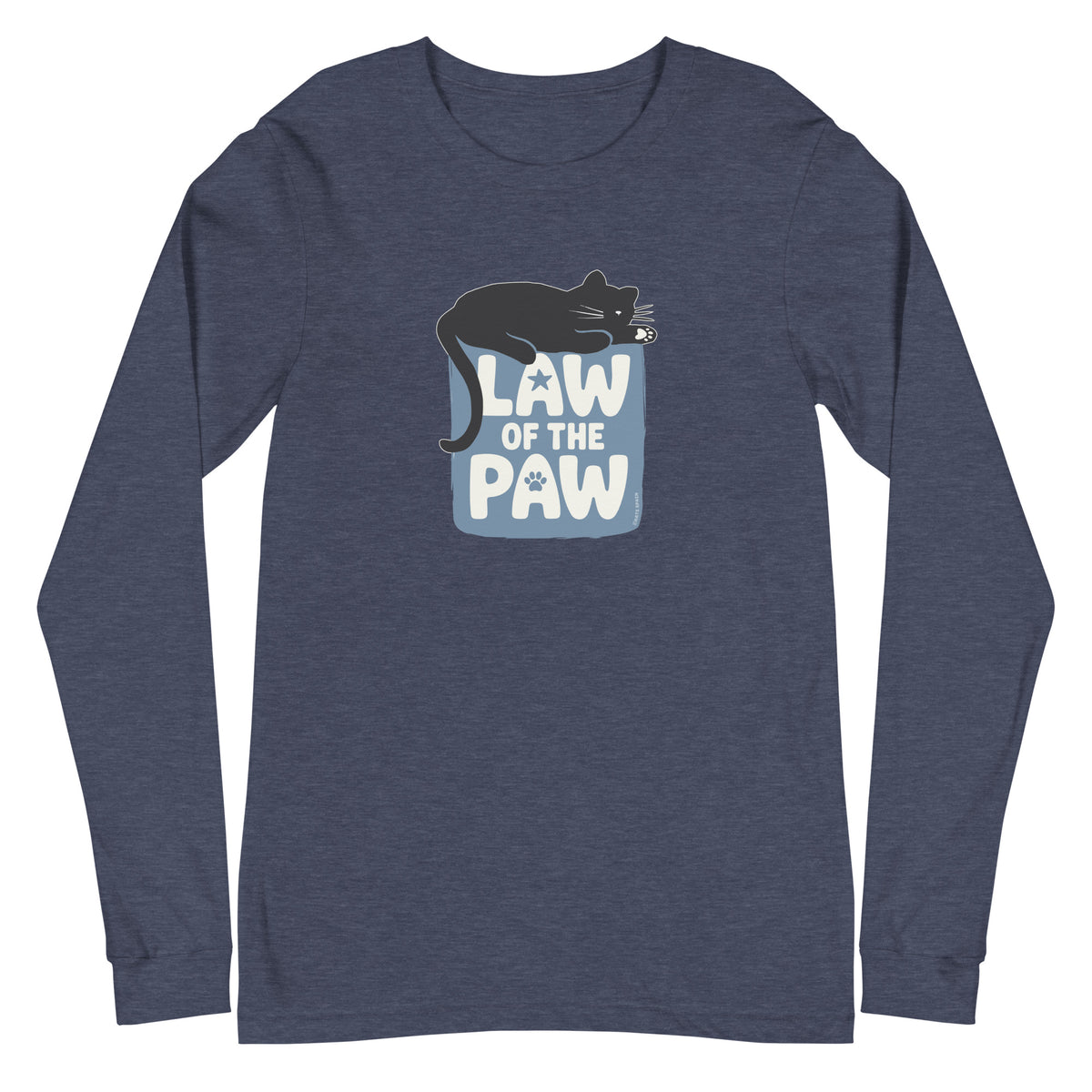 Law of the Paw® design with a cat napping on the logo on a long sleeve t-shirt in heather navy, front view – Kate Spain design