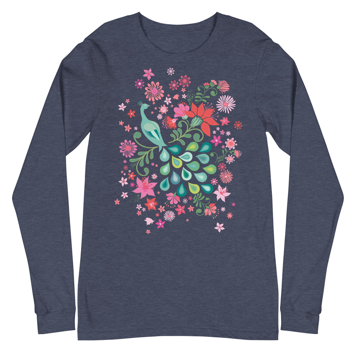 Folk-art peacock among coral, pink and sage-green blooms on a unisex long-sleeve tee in heather navy, front view – Kate Spain design