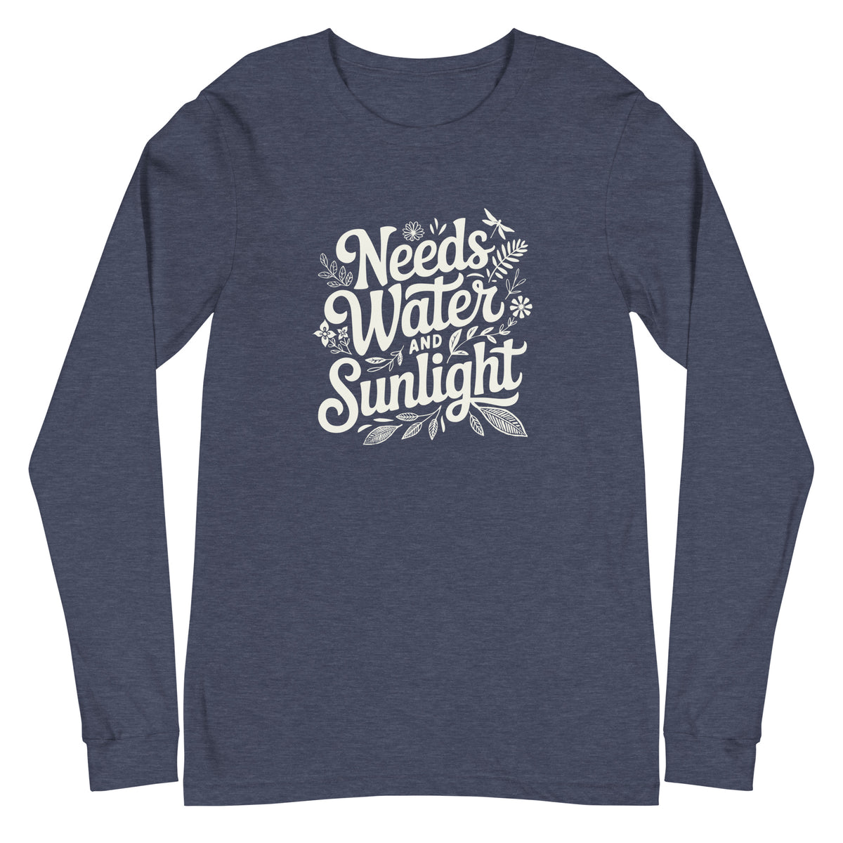 "Needs Water and Sunlight" hand-lettering with leaves and a dragonfly on a unisex long-sleeve tee in heather navy, front view – Kate Spain design